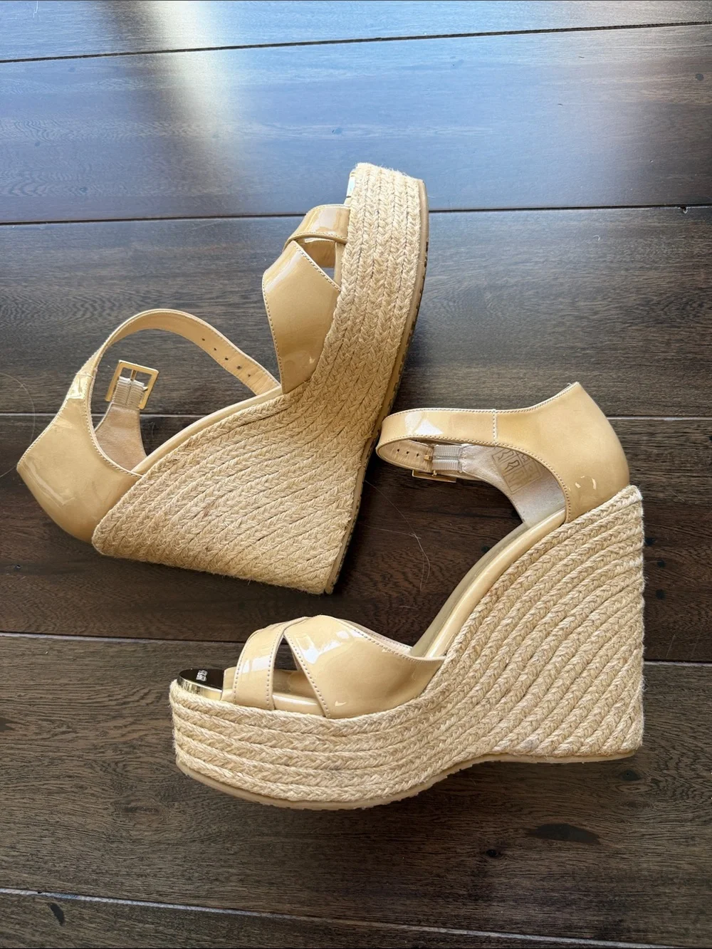 Jimmy Choo Beige Patent Leather Wedge Sandals